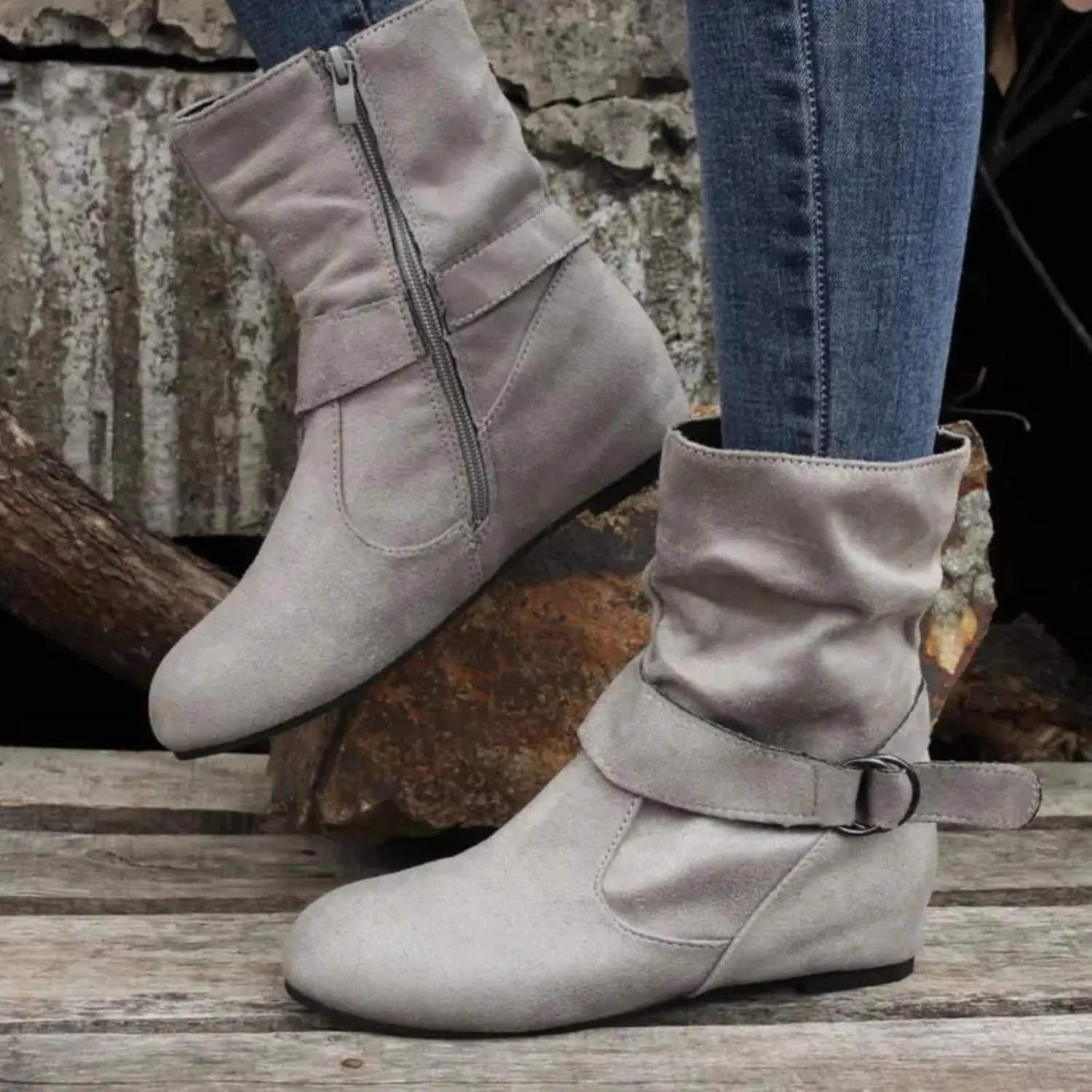 Mid Calf Boots for Women Slouchy Faux Suede Flat Boots Ankle Boots Buckle Zipper Flat Heel Boot Shoes