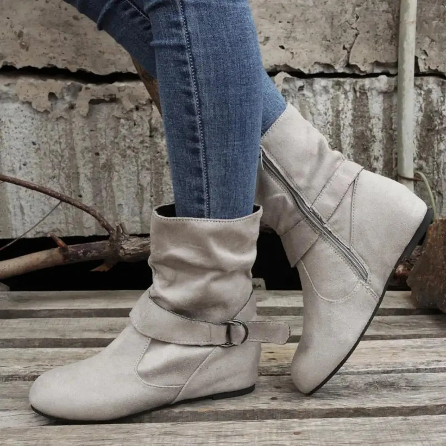 Mid Calf Boots for Women Slouchy Faux Suede Flat Boots Ankle Boots Buckle Zipper Flat Heel Boot Shoes