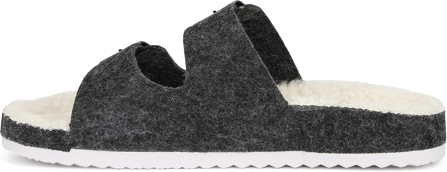 Olivia Miller Womens Fashion Shoes, Faux Fur EVA Slippers Two Band Dual Toe Strap Slip On House Slides Flat Sandals