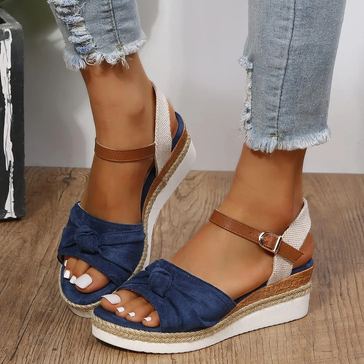 Orthopedic Platform Wedge Sandals for Women Summer Dressy Breathable Open Toe Strappy Ankle Strap Metal Buckle Slip On Sandals Beach Boho Sandal Comfortable Outdoor Shoes