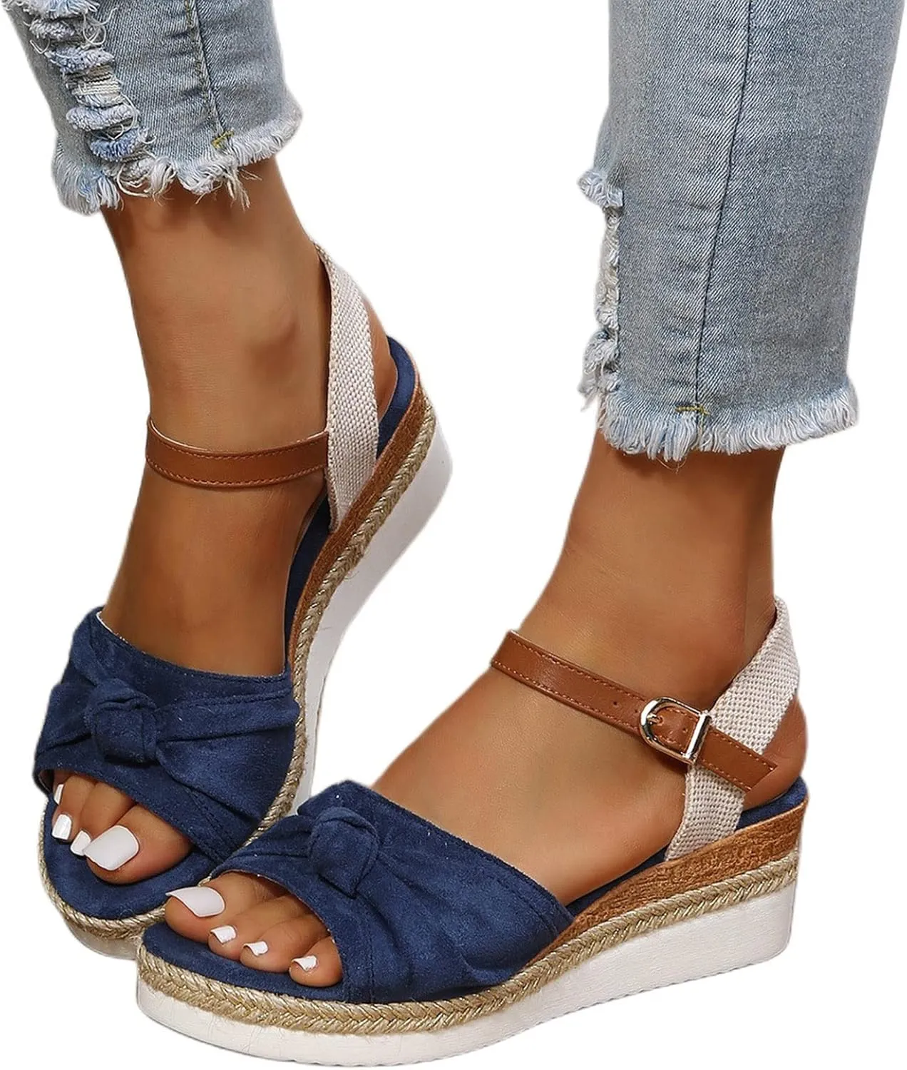 Orthopedic Platform Wedge Sandals for Women Summer Dressy Breathable Open Toe Strappy Ankle Strap Metal Buckle Slip On Sandals Beach Boho Sandal Comfortable Outdoor Shoes