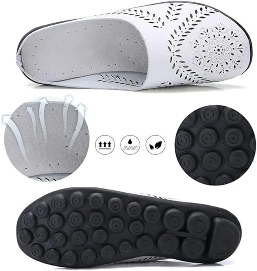 Retro Hollow Out Soft Leather for Women Shoes Breathable Flats Round Toe Slip on Lightweight Comfortable Casual All Match Fashion Summer Walking Slippers
