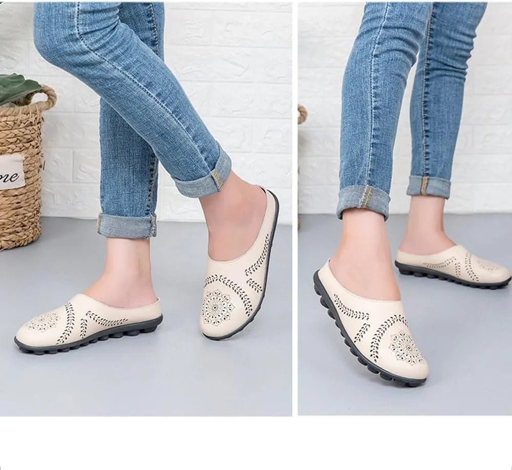 Retro Hollow Out Soft Leather for Women Shoes Breathable Flats Round Toe Slip on Lightweight Comfortable Casual All Match Fashion Summer Walking Slippers