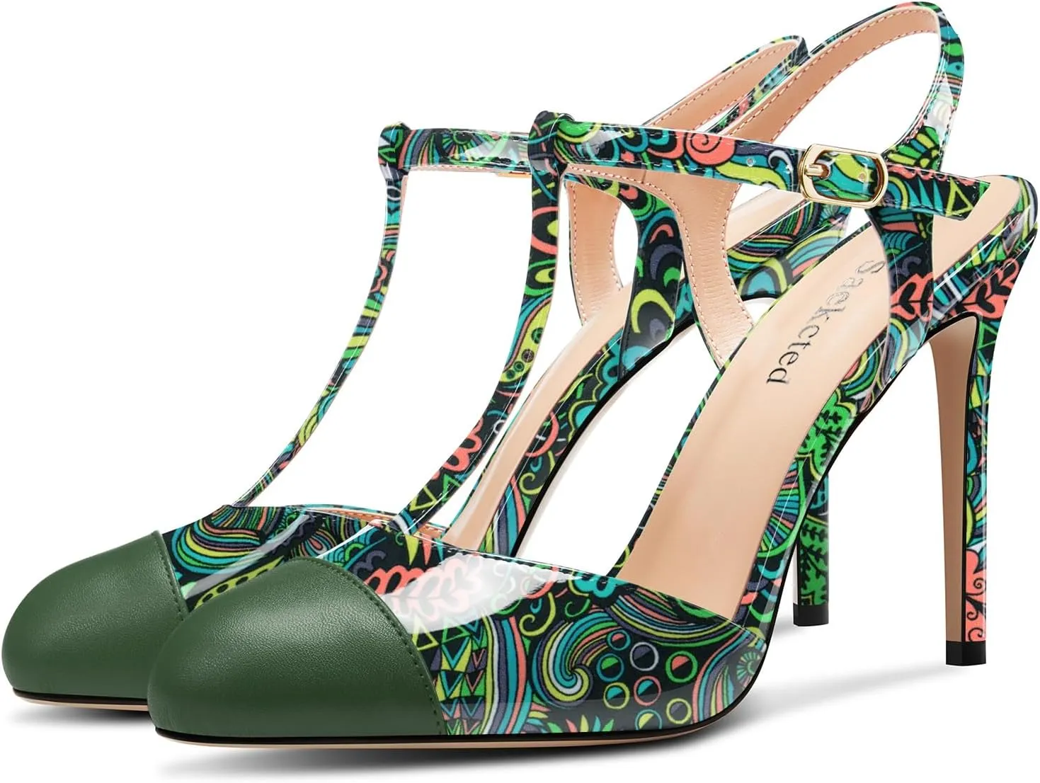 Saekcted Womens Stiletto High Heel Round Toe Pumps Ankle Strap T-Strap Patchwork Prom Cute Summer 3.9 Inches Heels