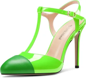 Saekcted Womens Stiletto High Heel Round Toe Pumps Ankle Strap T-Strap Patchwork Prom Cute Summer 3.9 Inches Heels