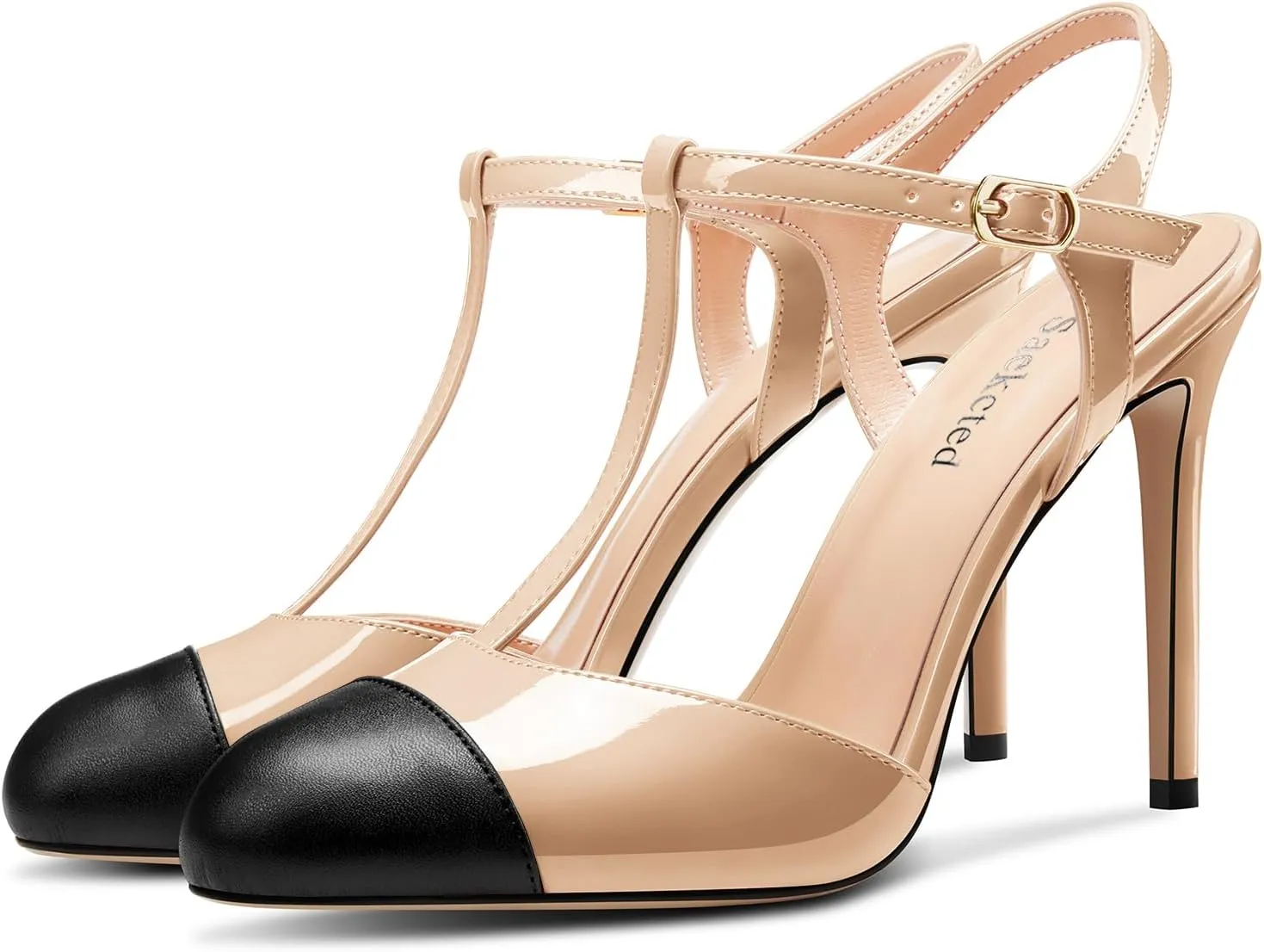 Saekcted Womens Stiletto High Heel Round Toe Pumps Ankle Strap T-Strap Patchwork Prom Cute Summer 3.9 Inches Heels