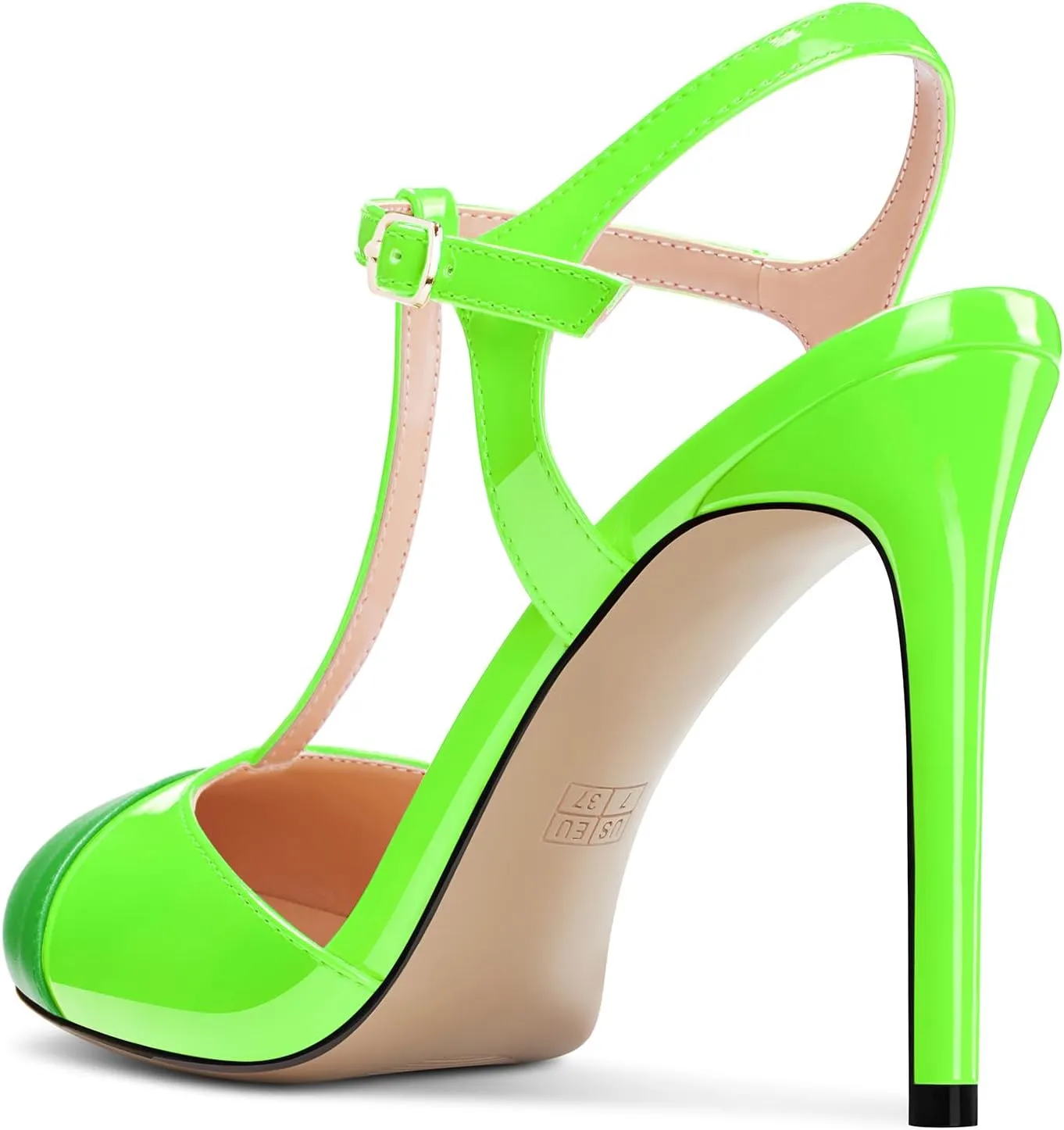 Saekcted Womens Stiletto High Heel Round Toe Pumps Ankle Strap T-Strap Patchwork Prom Cute Summer 3.9 Inches Heels