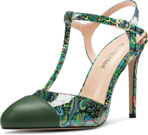 Saekcted Womens Stiletto High Heel Round Toe Pumps Ankle Strap T-Strap Patchwork Prom Cute Summer 3.9 Inches Heels