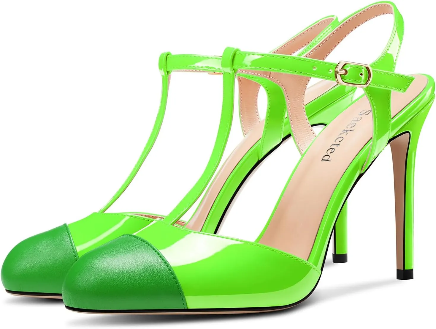 Saekcted Womens Stiletto High Heel Round Toe Pumps Ankle Strap T-Strap Patchwork Prom Cute Summer 3.9 Inches Heels
