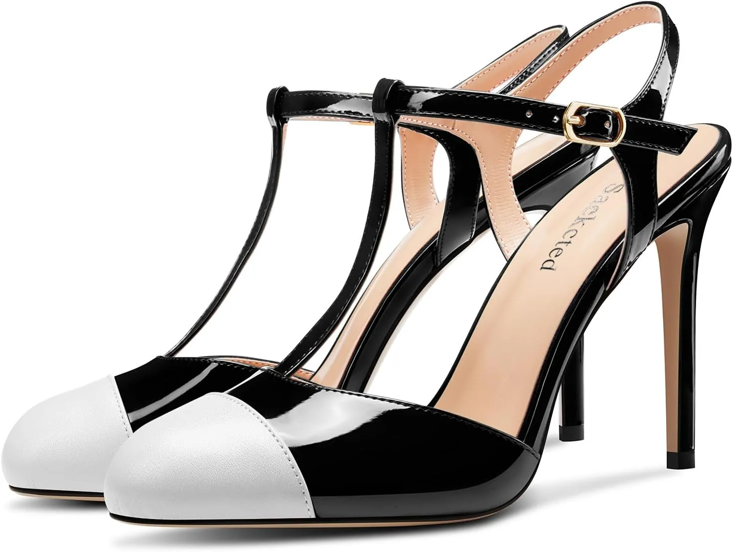 Saekcted Womens Stiletto High Heel Round Toe Pumps Ankle Strap T-Strap Patchwork Prom Cute Summer 3.9 Inches Heels