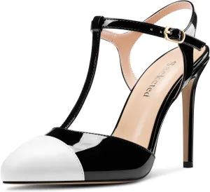 Saekcted Womens Stiletto High Heel Round Toe Pumps Ankle Strap T-Strap Patchwork Prom Cute Summer 3.9 Inches Heels