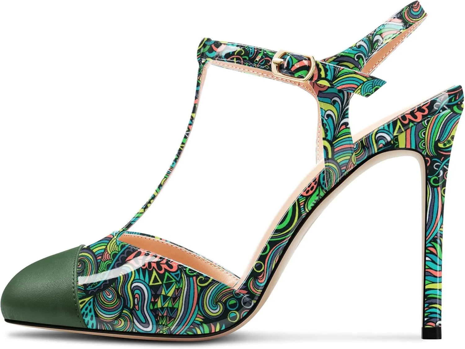 Saekcted Womens Stiletto High Heel Round Toe Pumps Ankle Strap T-Strap Patchwork Prom Cute Summer 3.9 Inches Heels