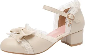 sfdgfhyf Little Girls Soft Sole Sneakers Summer Toddler Dress Bow Tie Pumps Low Heels Flower Party Wedding (Beige, 3 Big Kids)