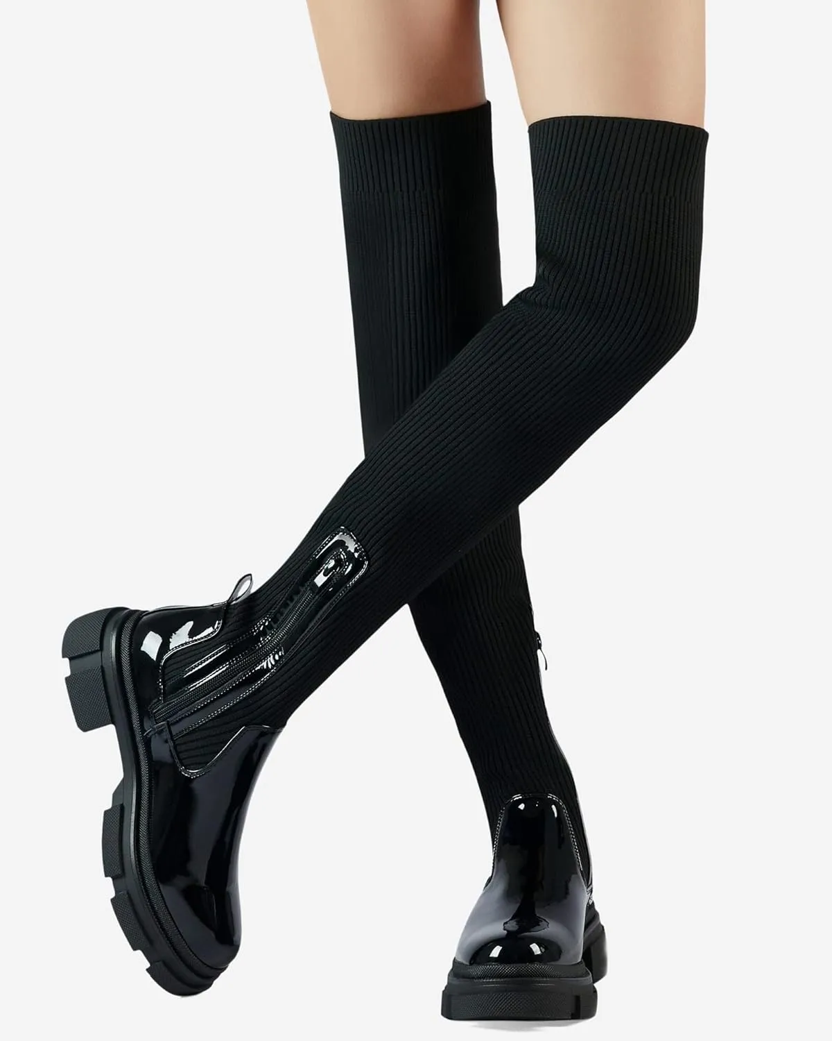Shoe'N Tale Thigh High Knit Sock Boots Round Toe Mid Chunky Heel Stretch Over the Knee Boots for Women