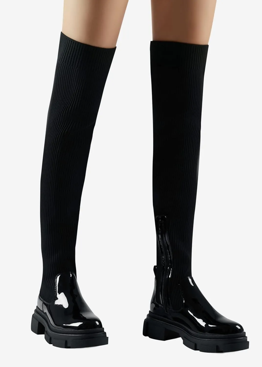 Shoe'N Tale Thigh High Knit Sock Boots Round Toe Mid Chunky Heel Stretch Over the Knee Boots for Women