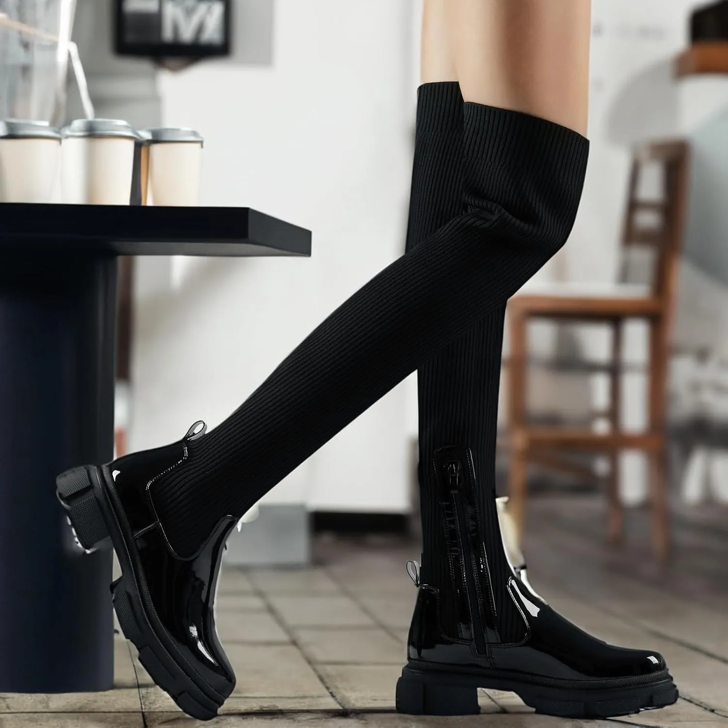 Shoe'N Tale Thigh High Knit Sock Boots Round Toe Mid Chunky Heel Stretch Over the Knee Boots for Women