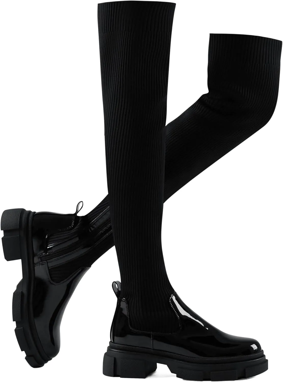 Shoe'N Tale Thigh High Knit Sock Boots Round Toe Mid Chunky Heel Stretch Over the Knee Boots for Women