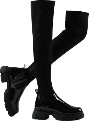 Shoe'N Tale Thigh High Knit Sock Boots Round Toe Mid Chunky Heel Stretch Over the Knee Boots for Women