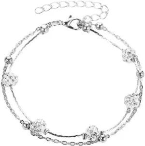 Silver Rhinestone Beaded Anklet for Women - Double-Strand Adjustable Chain Anklet with Crystal Accents, Elegant Minimalist Jewelry for Parties and Everyday Wear