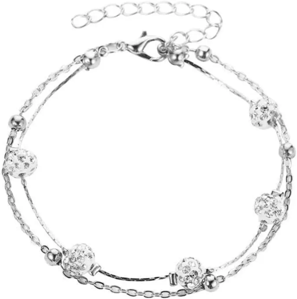 Silver Rhinestone Beaded Anklet for Women - Double-Strand Adjustable Chain Anklet with Crystal Accents, Elegant Minimalist Jewelry for Parties and Everyday Wear