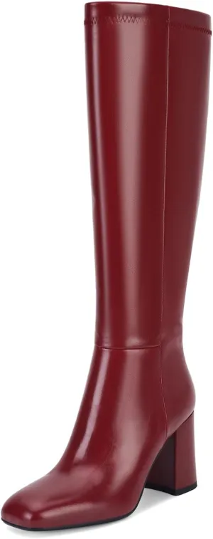 SOVANYOU Women's Faux Leather Tall Boots Fashion Square Toe Chunky Heel Knee High Boots with Side Zip