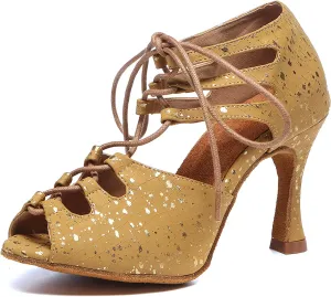 SWDZM Womens Open Toe Dance Boots Lace-up Latin Salsa Ballrooom Performence Pratice Dance Shoes