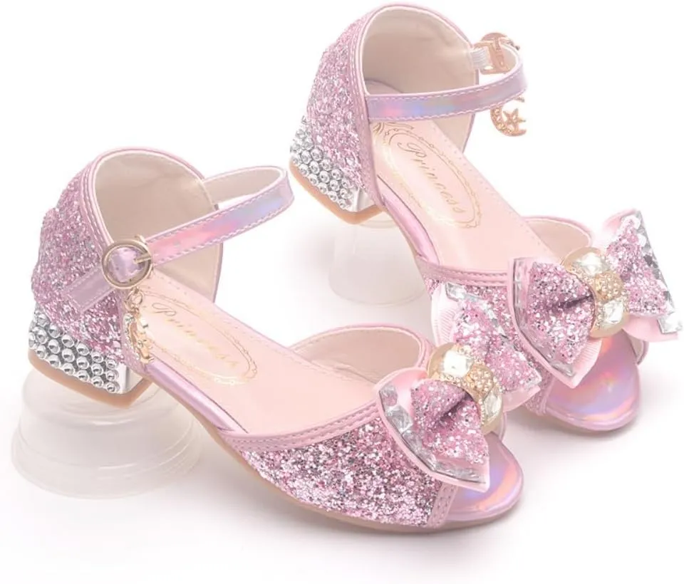 Toddler Girls Glitter High Heels Dress Sandals Sequins Princess Flower Wedding Party Dress Shoes for Kids