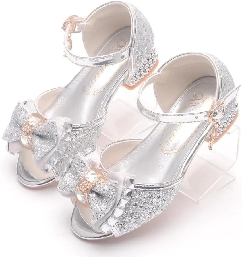 Toddler Girls Glitter High Heels Dress Sandals Sequins Princess Flower Wedding Party Dress Shoes for Kids