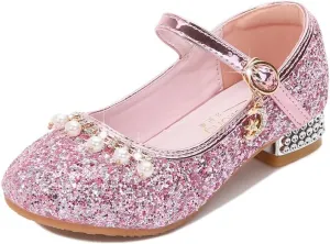 Toddler Girls Sparkly Princess Dress Shoes Sequin Pearl Low Heel Mary Jane Pumps for Wedding Party