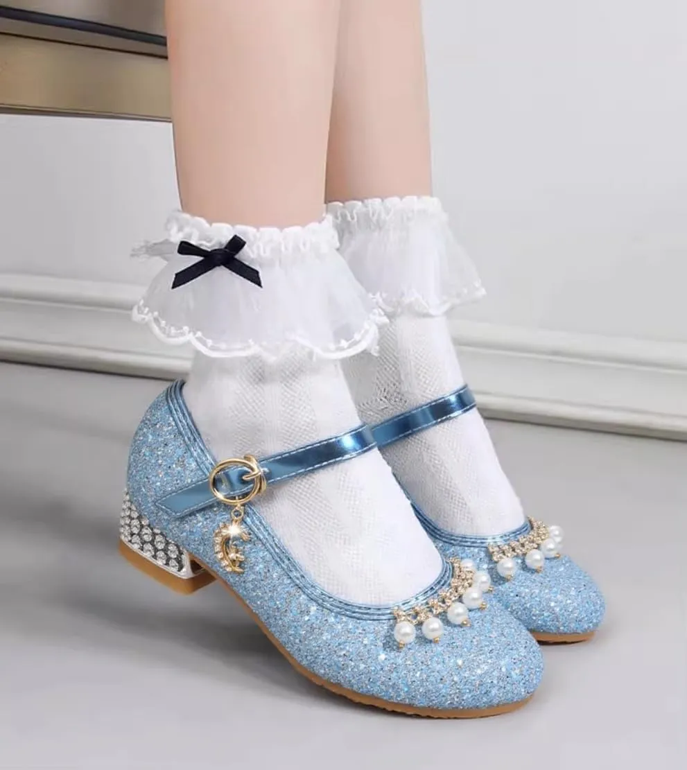 Toddler Girls Sparkly Princess Dress Shoes Sequin Pearl Low Heel Mary Jane Pumps for Wedding Party