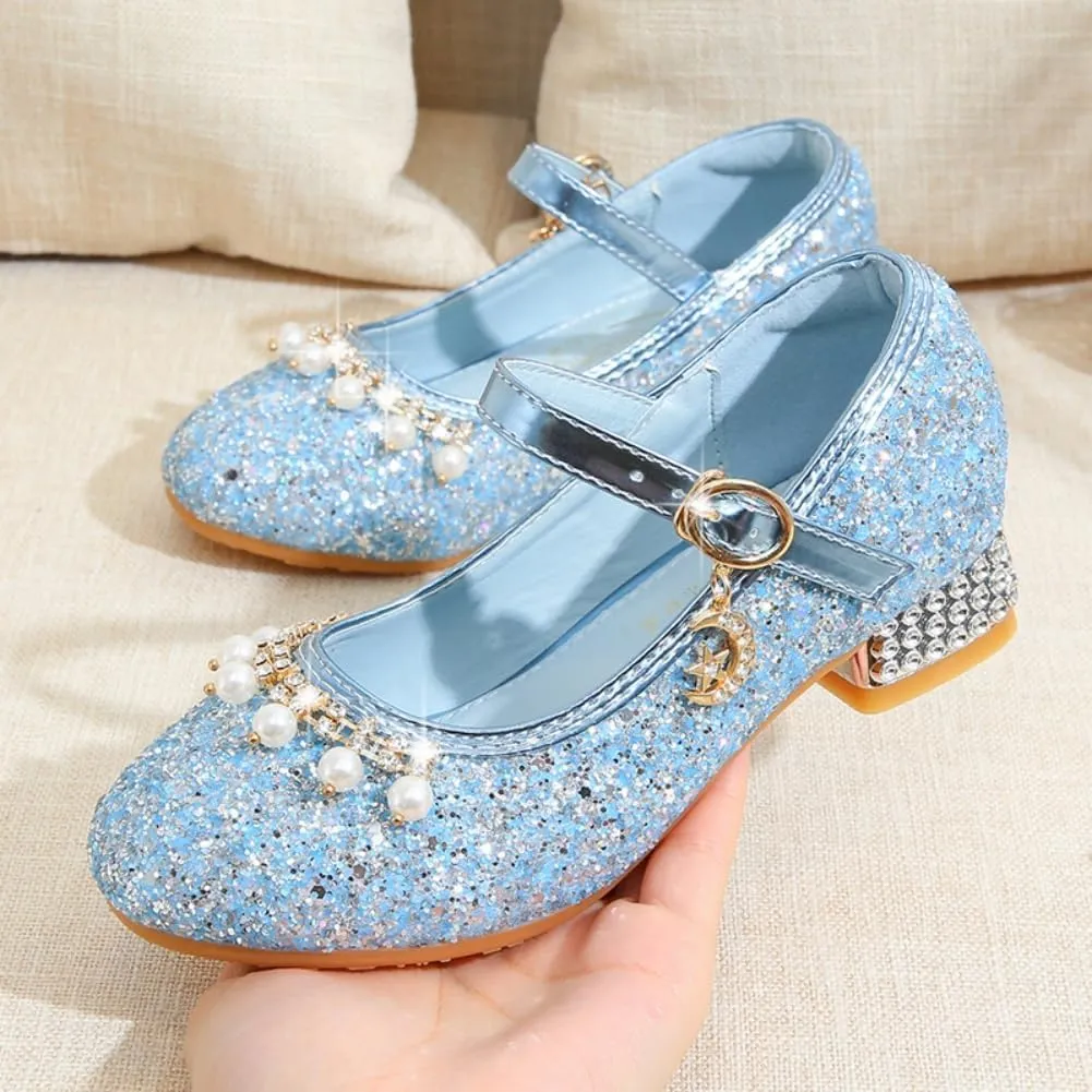 Toddler Girls Sparkly Princess Dress Shoes Sequin Pearl Low Heel Mary Jane Pumps for Wedding Party