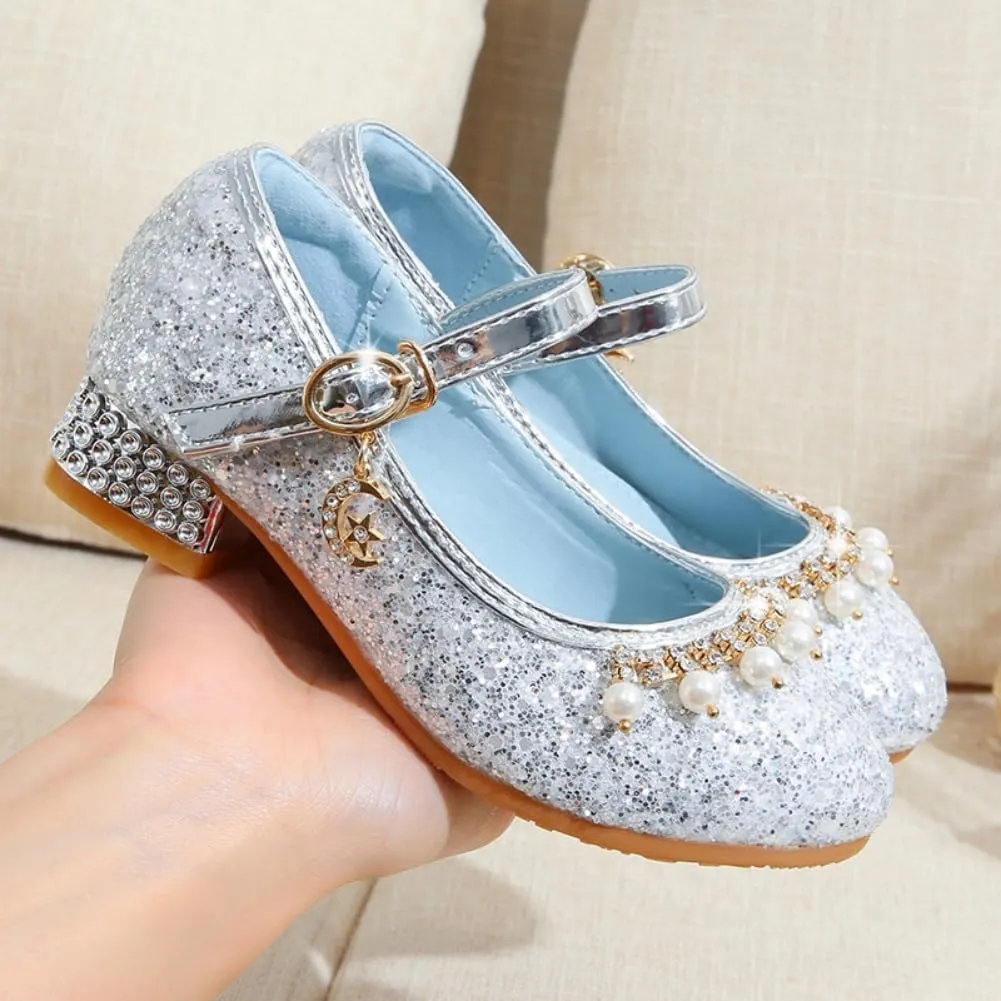 Toddler Girls Sparkly Princess Dress Shoes Sequin Pearl Low Heel Mary Jane Pumps for Wedding Party