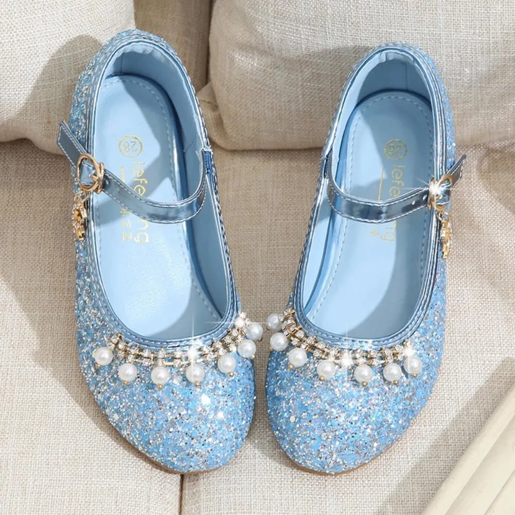 Toddler Girls Sparkly Princess Dress Shoes Sequin Pearl Low Heel Mary Jane Pumps for Wedding Party