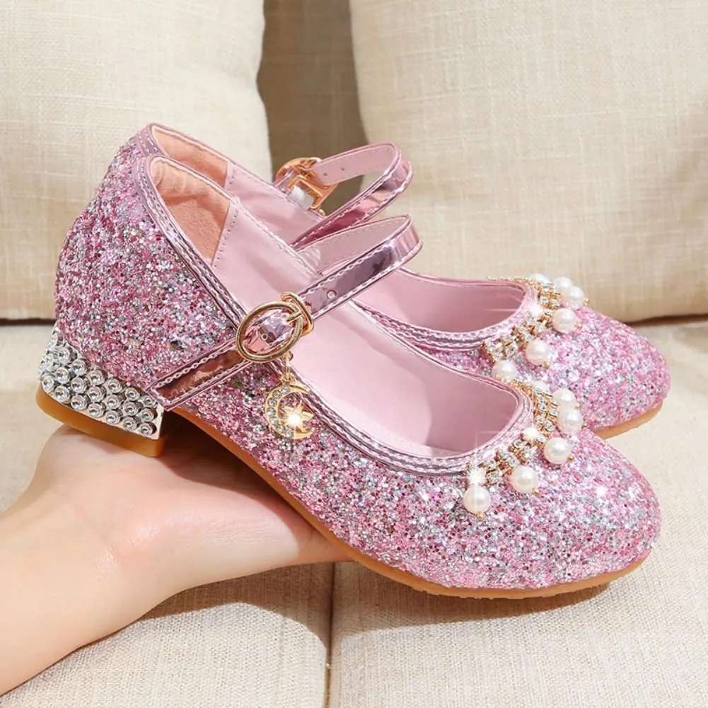 Toddler Girls Sparkly Princess Dress Shoes Sequin Pearl Low Heel Mary Jane Pumps for Wedding Party