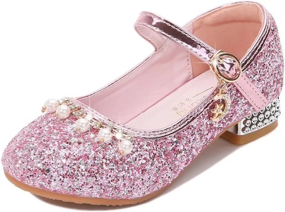 Toddler Girls Sparkly Princess Dress Shoes Sequin Pearl Low Heel Mary Jane Pumps for Wedding Party