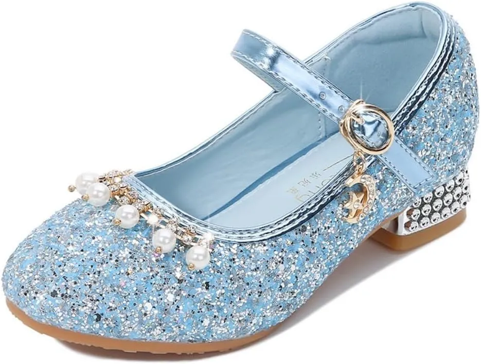 Toddler Girls Sparkly Princess Dress Shoes Sequin Pearl Low Heel Mary Jane Pumps for Wedding Party