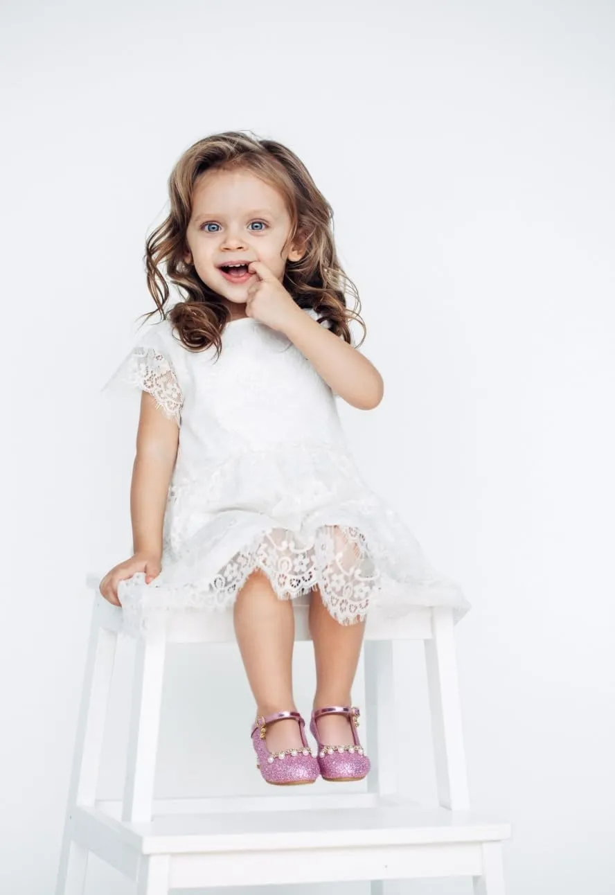 Toddler Girls Sparkly Princess Dress Shoes Sequin Pearl Low Heel Mary Jane Pumps for Wedding Party