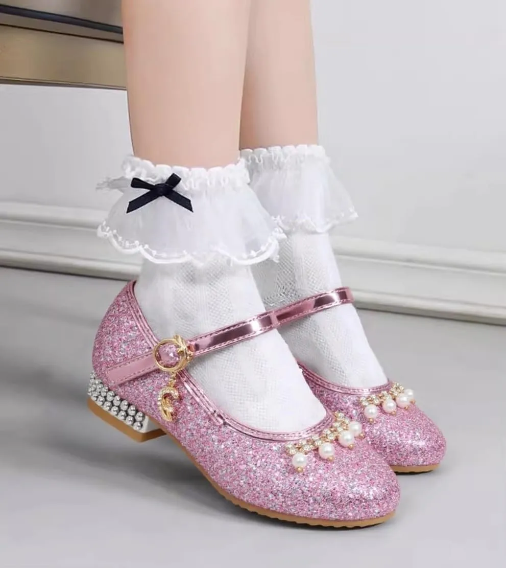 Toddler Girls Sparkly Princess Dress Shoes Sequin Pearl Low Heel Mary Jane Pumps for Wedding Party