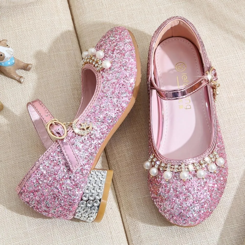 Toddler Girls Sparkly Princess Dress Shoes Sequin Pearl Low Heel Mary Jane Pumps for Wedding Party
