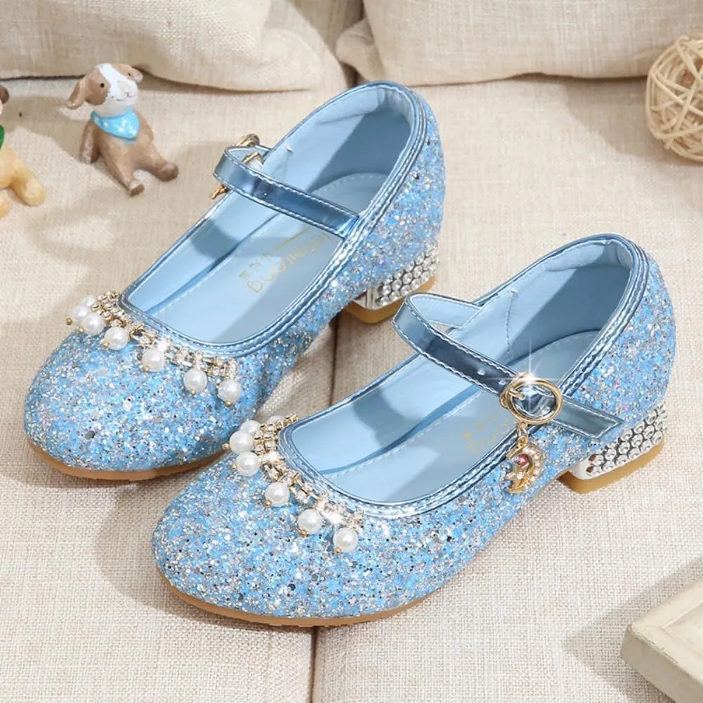 Toddler Girls Sparkly Princess Dress Shoes Sequin Pearl Low Heel Mary Jane Pumps for Wedding Party
