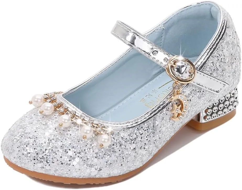 Toddler Girls Sparkly Princess Dress Shoes Sequin Pearl Low Heel Mary Jane Pumps for Wedding Party