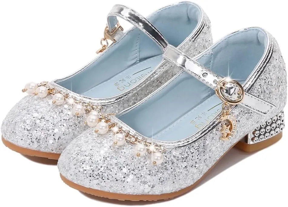 Toddler Girls Sparkly Princess Dress Shoes Sequin Pearl Low Heel Mary Jane Pumps for Wedding Party