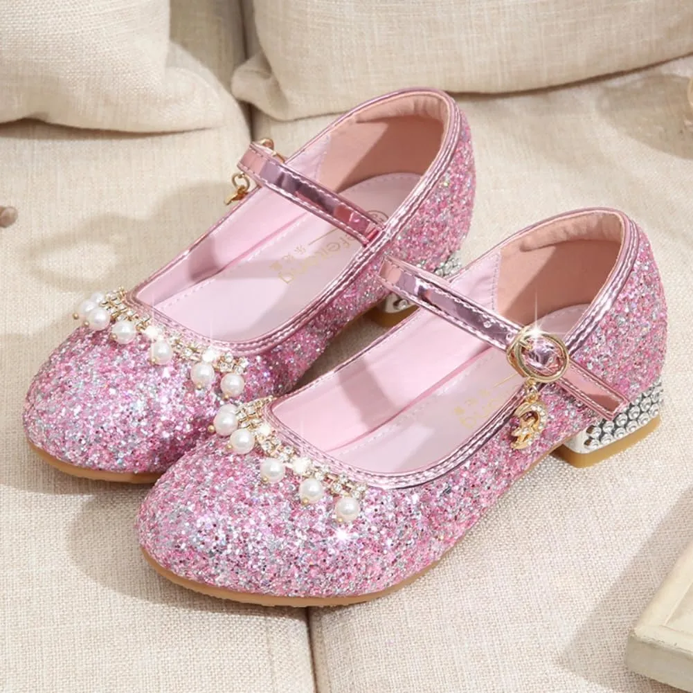 Toddler Girls Sparkly Princess Dress Shoes Sequin Pearl Low Heel Mary Jane Pumps for Wedding Party