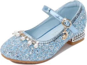 Toddler Girls Sparkly Princess Dress Shoes Sequin Pearl Low Heel Mary Jane Pumps for Wedding Party