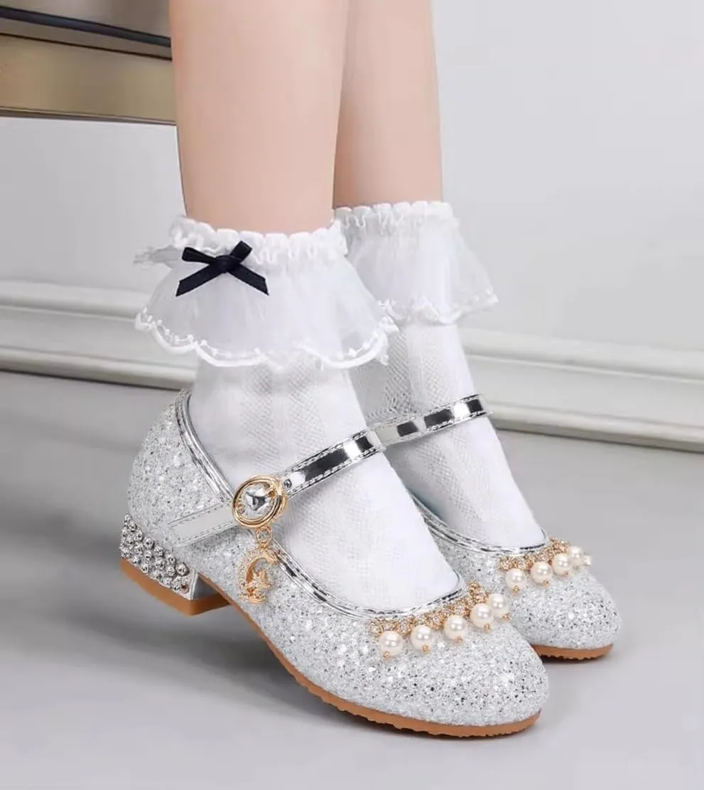 Toddler Girls Sparkly Princess Dress Shoes Sequin Pearl Low Heel Mary Jane Pumps for Wedding Party
