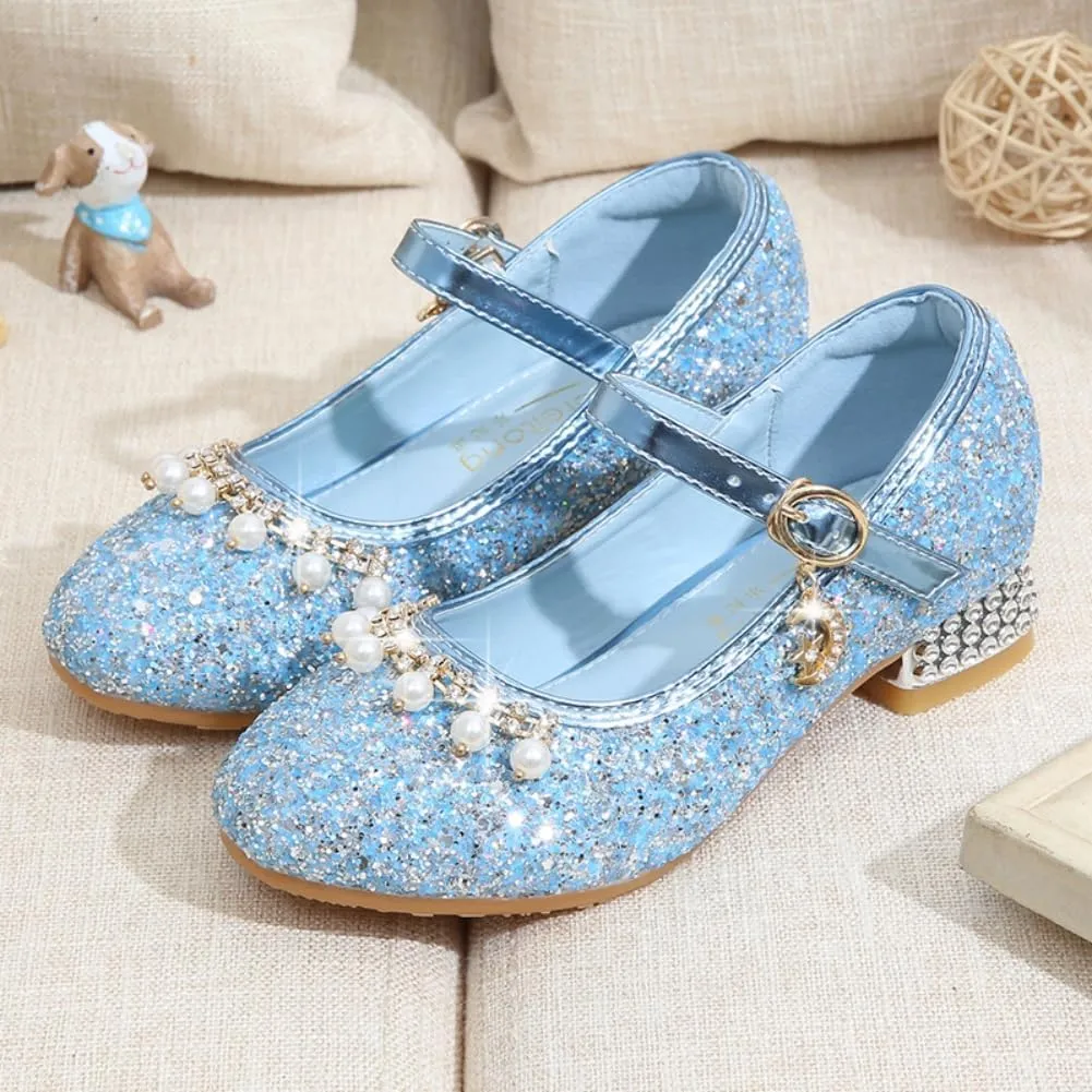 Toddler Girls Sparkly Princess Dress Shoes Sequin Pearl Low Heel Mary Jane Pumps for Wedding Party