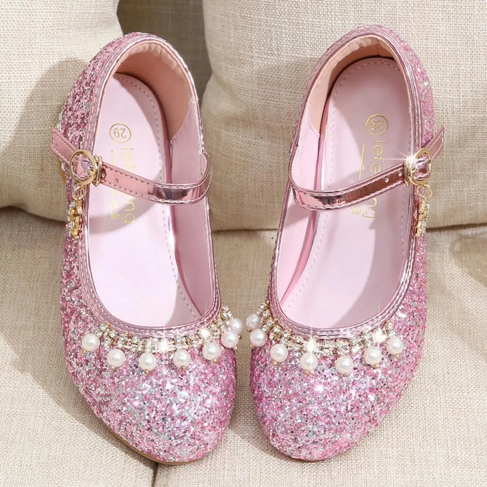 Toddler Girls Sparkly Princess Dress Shoes Sequin Pearl Low Heel Mary Jane Pumps for Wedding Party
