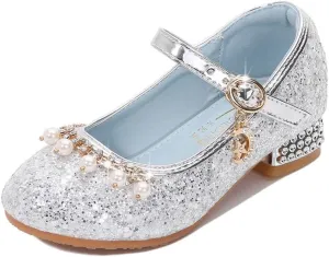 Toddler Girls Sparkly Princess Dress Shoes Sequin Pearl Low Heel Mary Jane Pumps for Wedding Party