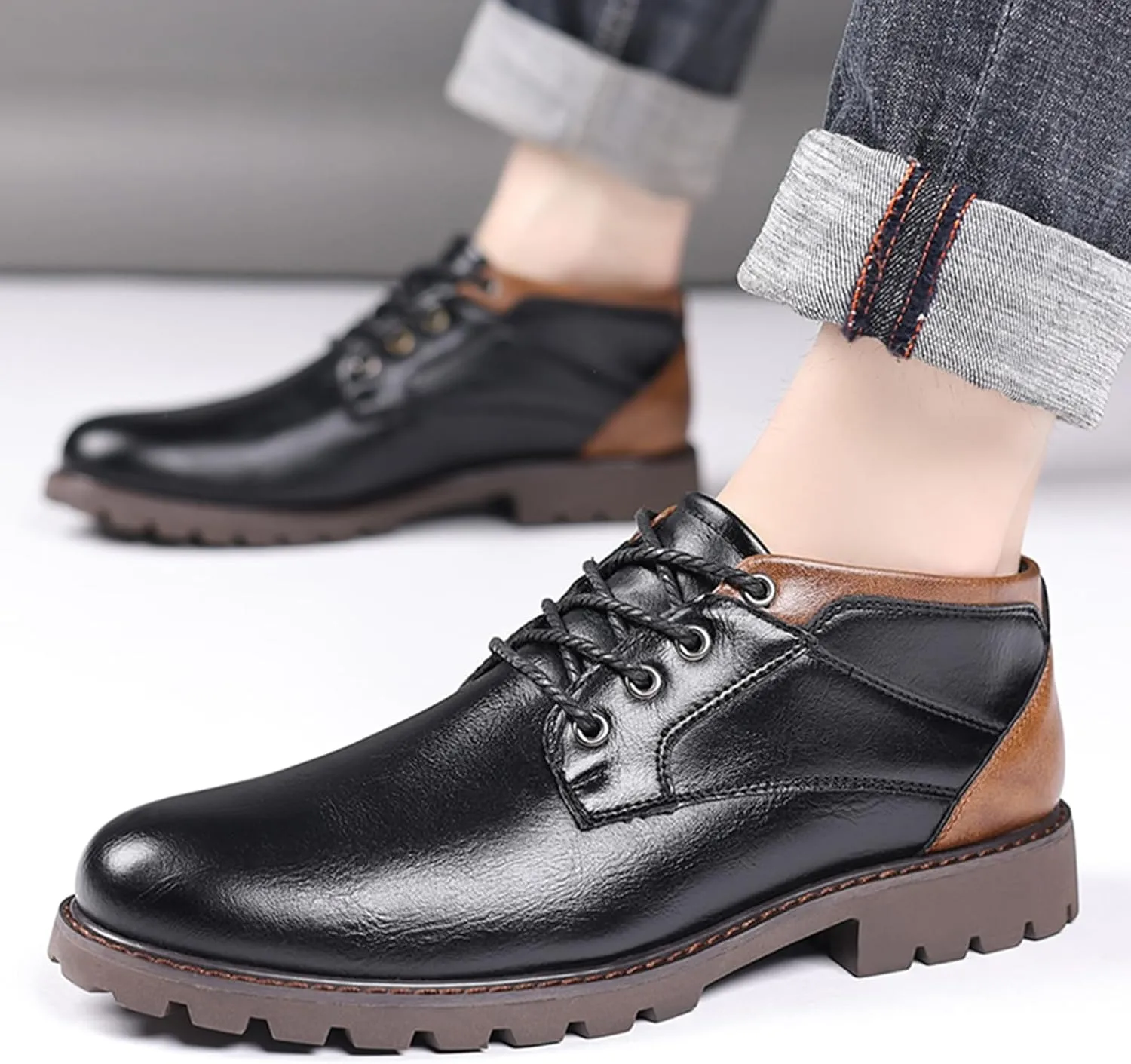 UOQAPRE Work Boots for Men Wedge Work Leather Boots With Side Zipper Men's Motorcycle Boots Adjustable Width System