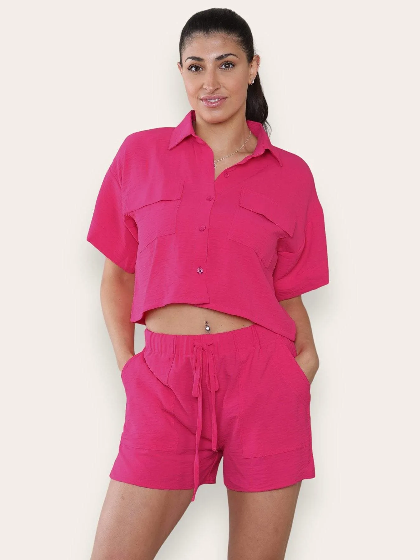 Versatile Solid Collared Flap Pocket Short Sleeve Shirt & Drawstring Waist Shorts Co-ord